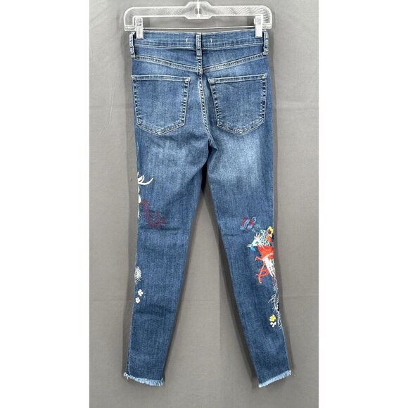 Free People Jeans Women 25 Embroidery Peacock Floral Raw Hem Mid Rise Denim Boho - Picture 3 of 11